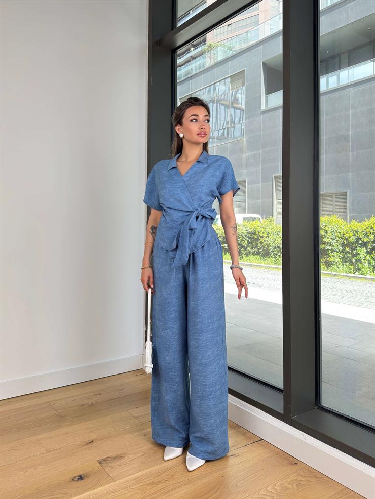 Kruvaze Bağlamalı Kısa Kol Bluz Yüksek Bel Bol Paça Pantolon Begn Mavi Kadın Takım 25Y279