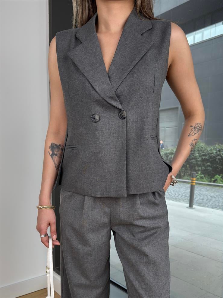 Kruvaze Önden Düğmeli Bek Antrasit Kadın Yelek 25Y245