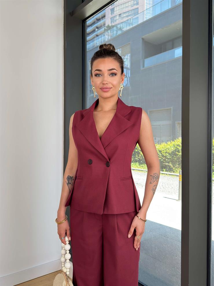 Kruvaze Önden Düğmeli Bek Bordo Kadın Yelek 25Y245