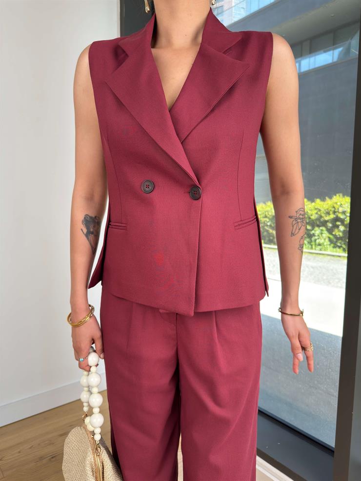 Kruvaze Önden Düğmeli Bek Bordo Kadın Yelek 25Y245