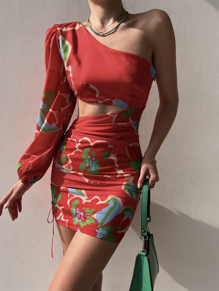 Bel Dekolteli Tek Kol Desenli Kathy Kadın Kırmızı Elbise 22Y000130