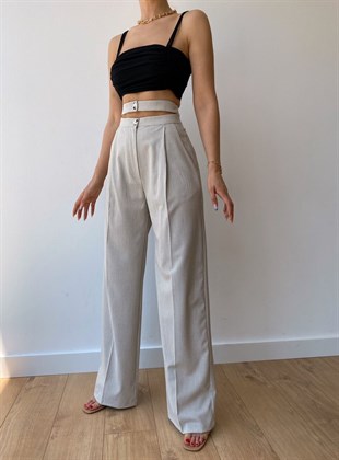 Piti Ekose Bel Kuşak Detaylı Kadın Bej Palazzo Pantolon 21Y000350