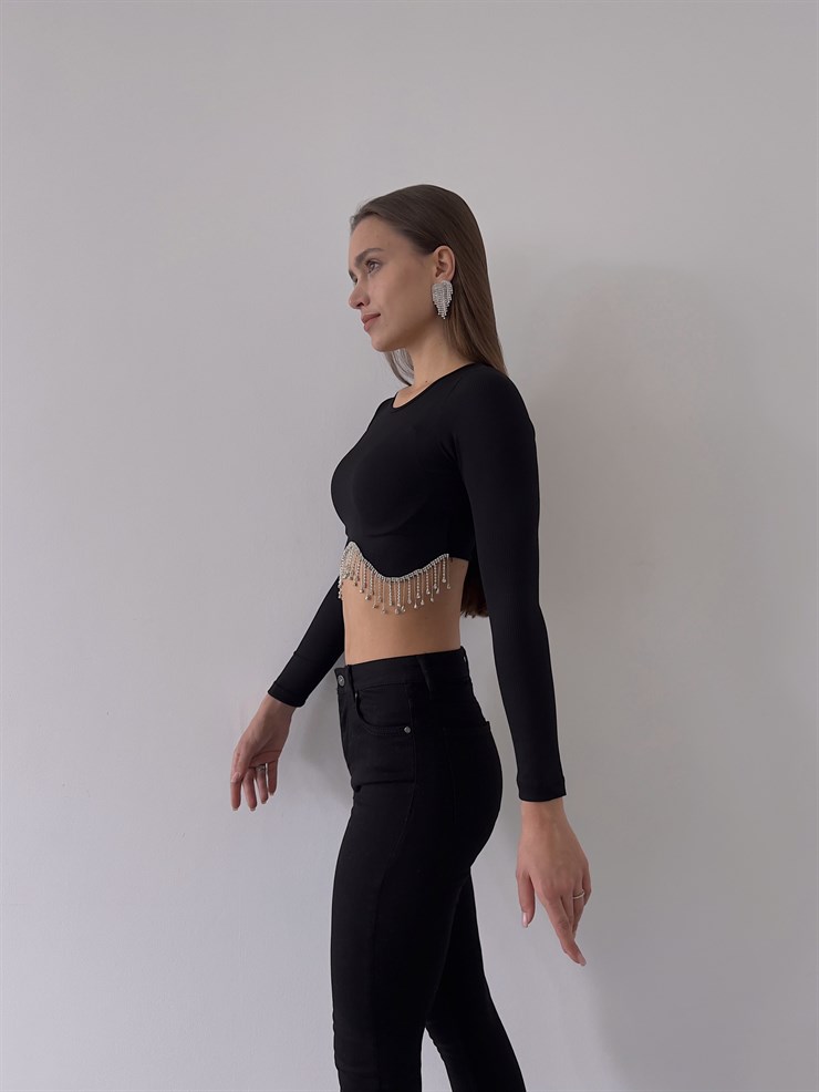 Bel Kısmı Aksesuar Detaylı Romola Kadın Siyah Uzun Kollu Crop 23K000241