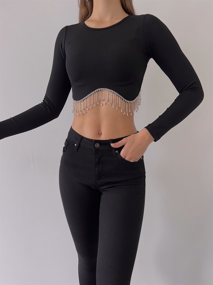 Bel Kısmı Aksesuar Detaylı Romola Kadın Siyah Uzun Kollu Crop 23K000241