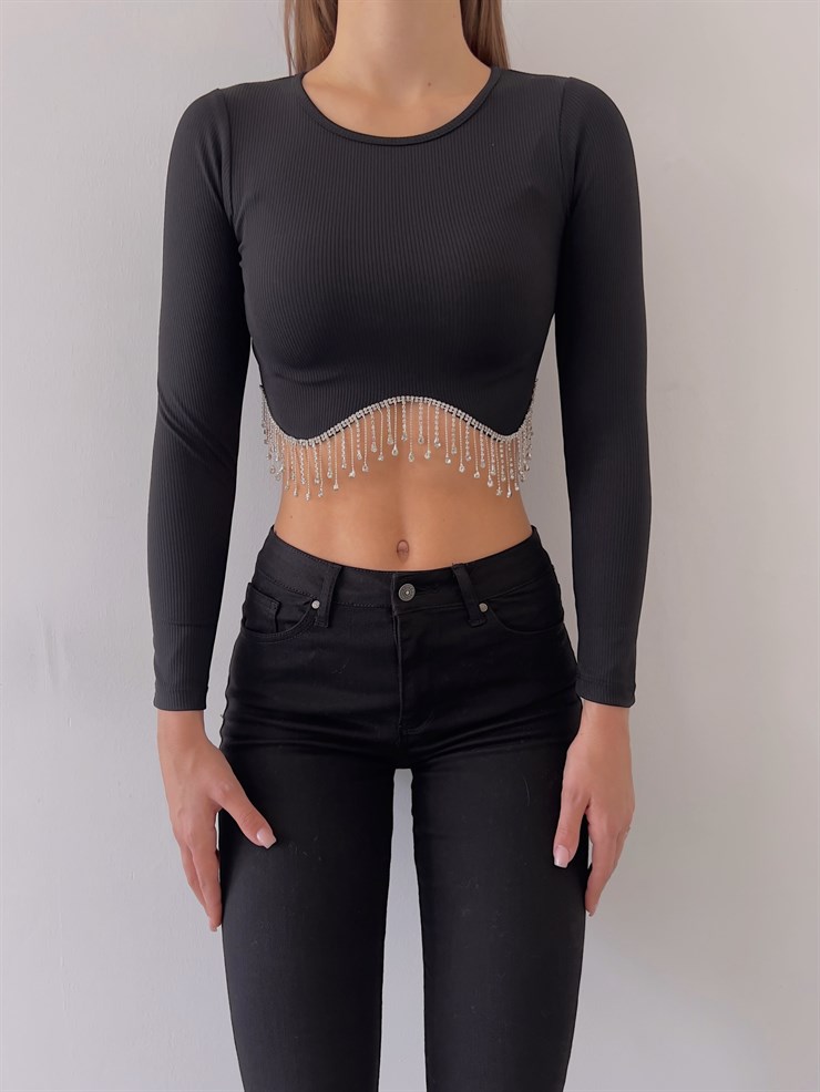Bel Kısmı Aksesuar Detaylı Romola Kadın Siyah Uzun Kollu Crop 23K000241