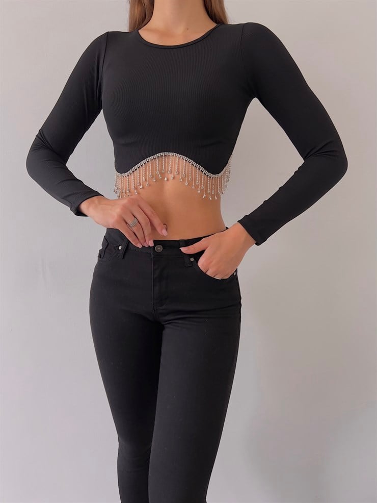 Bel Kısmı Aksesuar Detaylı Romola Kadın Siyah Uzun Kollu Crop 23K000241