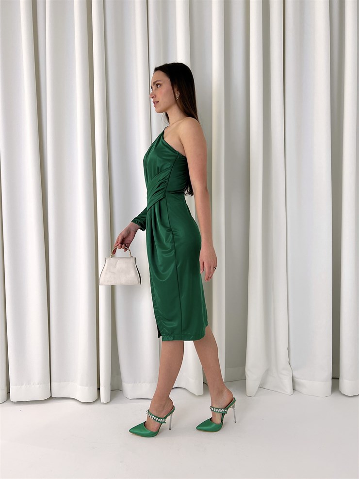 Bel Pencere Detay Tek Kol Veronica Kadın Zümrüt Midi Elbise 23K000413