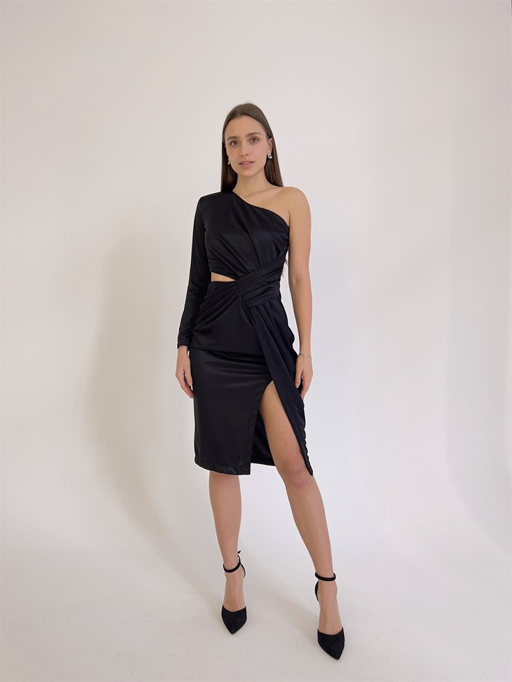 Bel Pencere Detay Tek Kol Veronica Kadın Siyah Midi Elbise 23K000413