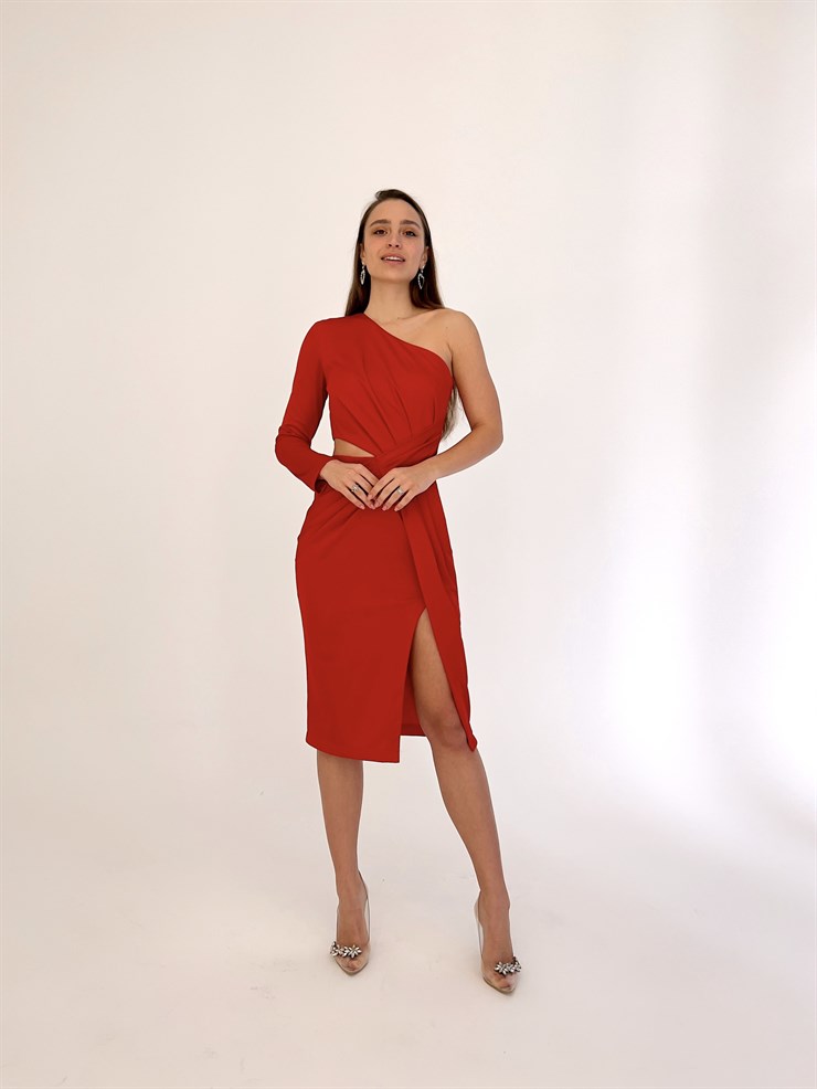 Bel Pencere Detay Tek Kol Veronica Kadın Kırmızı Midi Elbise 23K000413