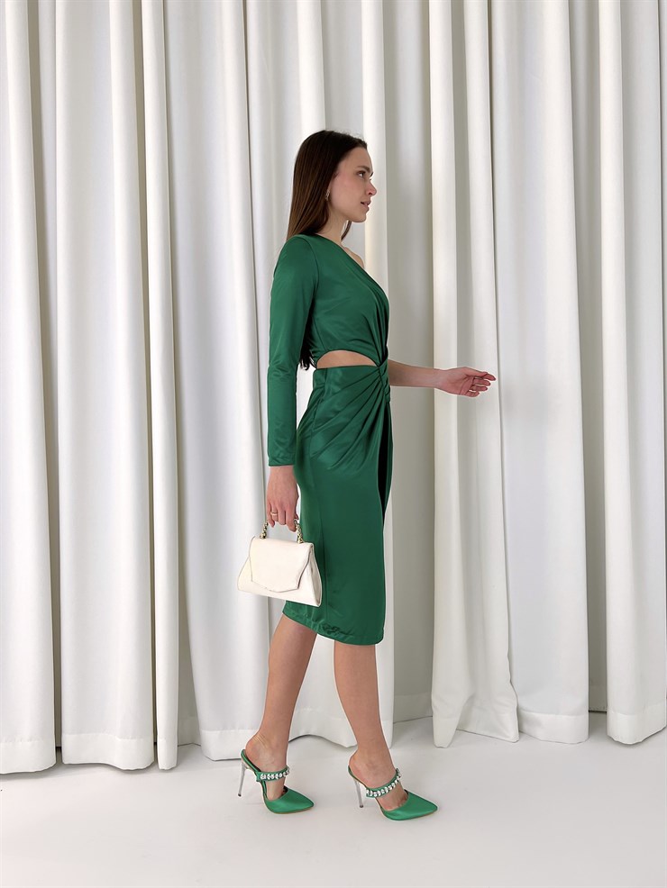 Bel Pencere Detay Tek Kol Veronica Kadın Zümrüt Midi Elbise 23K000413