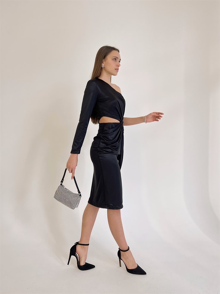 Bel Pencere Detay Tek Kol Veronica Kadın Siyah Midi Elbise 23K000413