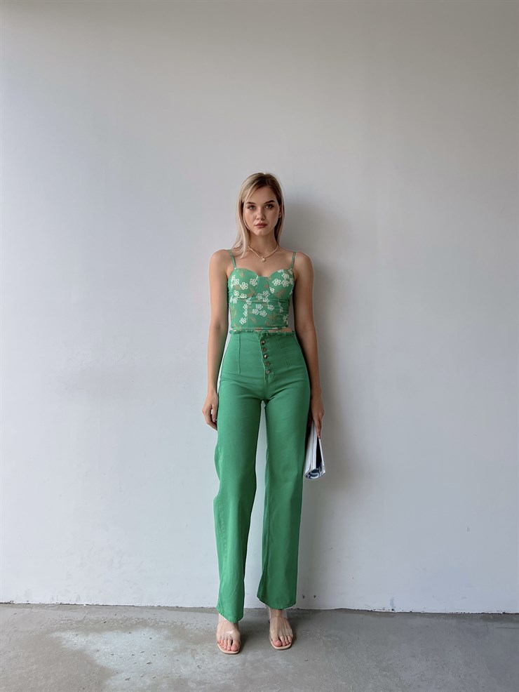 Bel Püskül Metal Düğmeli Carson Kadın Yeşil Palazzo Jean 22Y000070