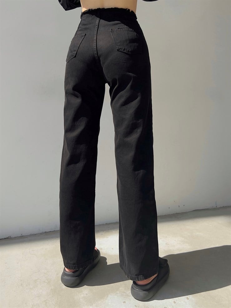 Bel Püskül Metal Düğmeli Carson Kadın Siyah Palazzo Jean 22Y000070