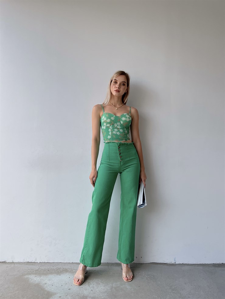 Bel Püskül Metal Düğmeli Carson Kadın Yeşil Palazzo Jean 22Y000070