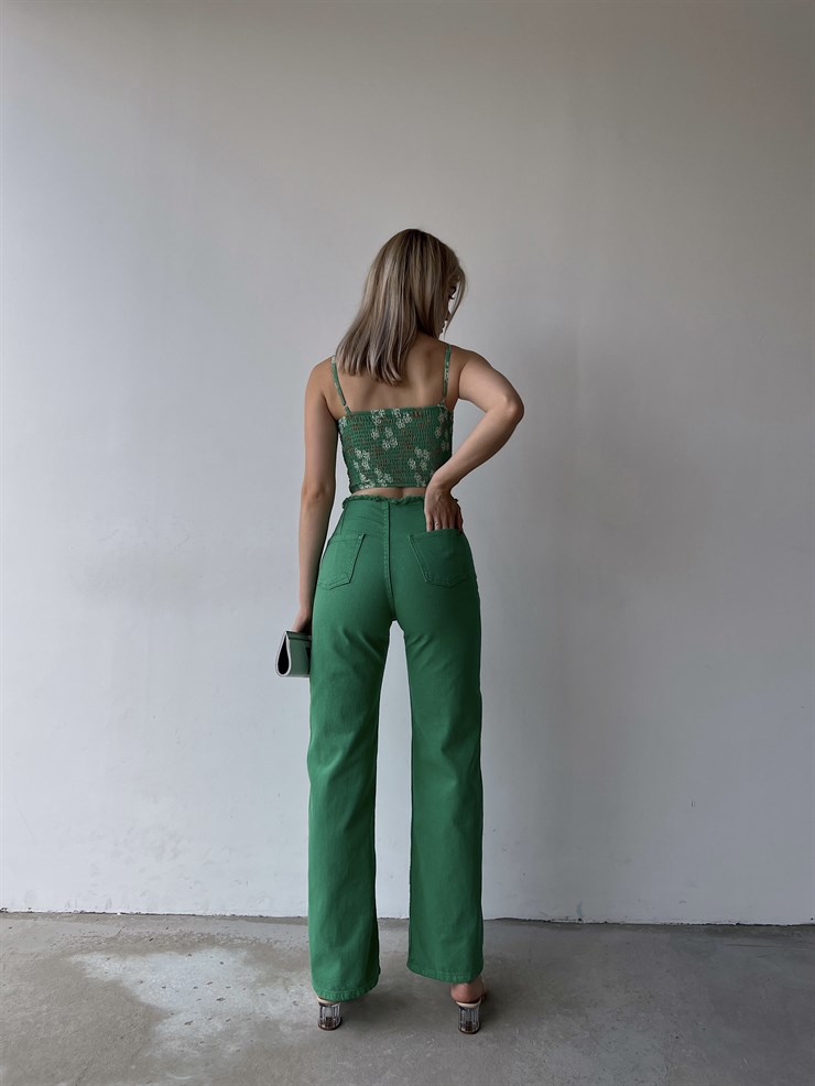 Bel Püskül Metal Düğmeli Carson Kadın Yeşil Palazzo Jean 22Y000070