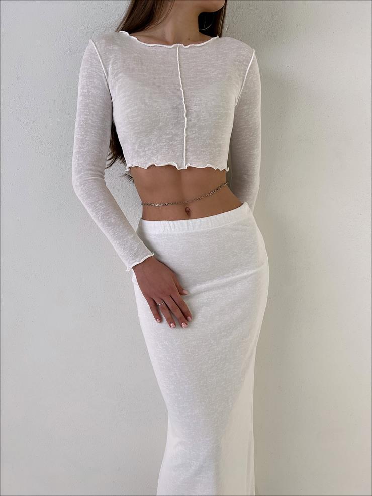 Bel Ve Boyun Kısmı Fırfır Detaylı Foden Kadın Beyaz Crop Bluz 23Y000006