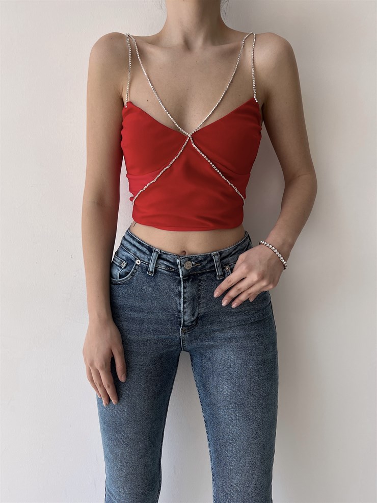 Bel Ve Göğüs Şevresi Zincir Detay İnce Zincir Askılı Billy Kadın Kırmızı Bluz 22Y000221