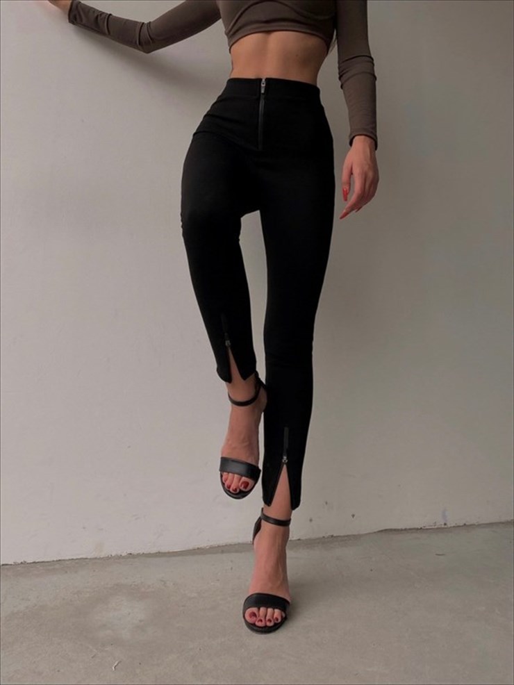 Bel Ve Paça Fermuar Detaylı Fitilli Kadın Siyah Tayt 22K000218