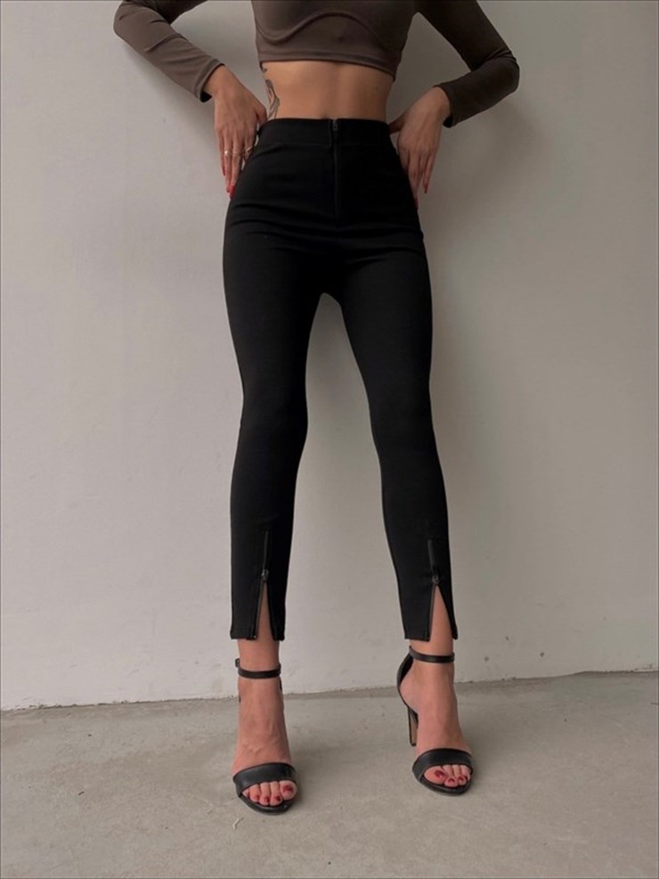 Bel Ve Paça Fermuar Detaylı Fitilli Kadın Siyah Tayt 22K000218