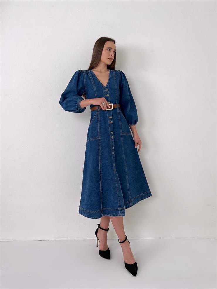 V Yaka Önü Düğme Kapamalı Yanları Cepli Bela Kadın Mavi Kot Elbise 23Y000066