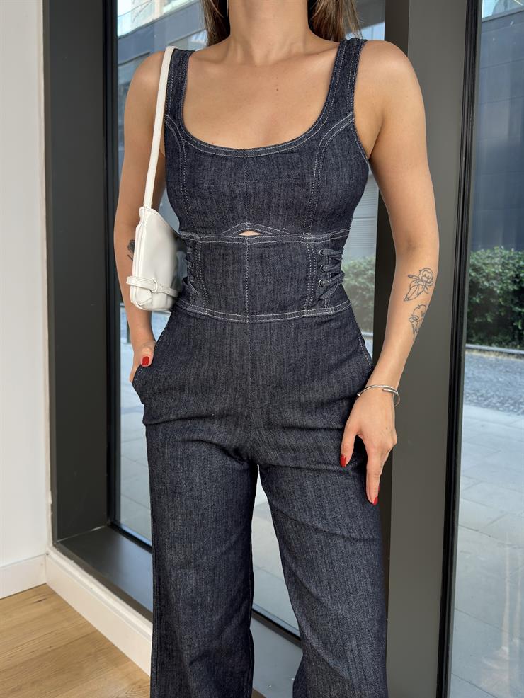 Kalın Askılı Bol Paça Belan Lacivert Kadın Tulum 25Y469