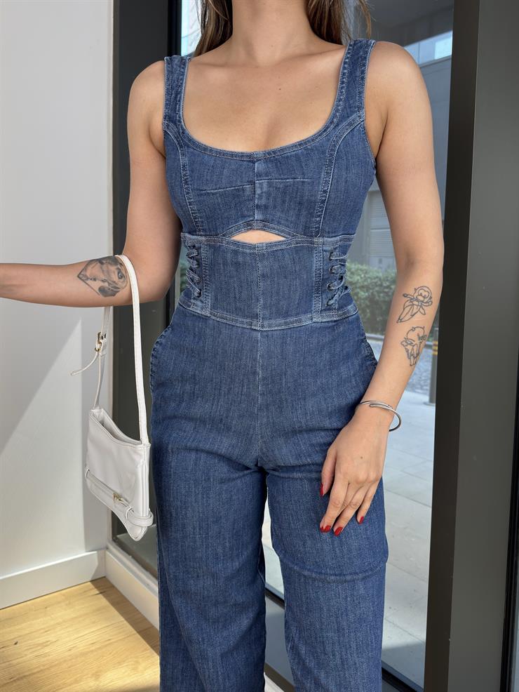 Kalın Askılı Bol Paça Belan Mavi Kadın Tulum 25Y469