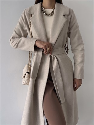 Belden Kuşaklı Yanları Cep Detaylı Stefan Kadın Bej Kaşe Kaban 23K000118