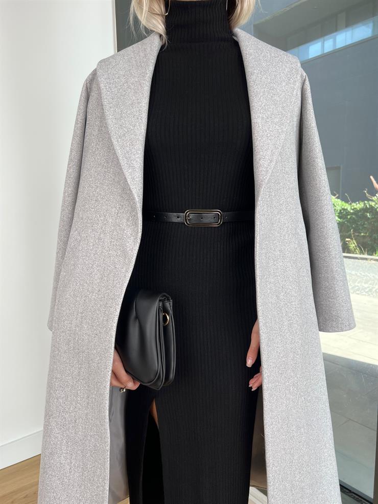 Belden Kuşaklı Yanları Cep Detaylı Stefan Kadın Gri Kaşe Kaban 23K000118