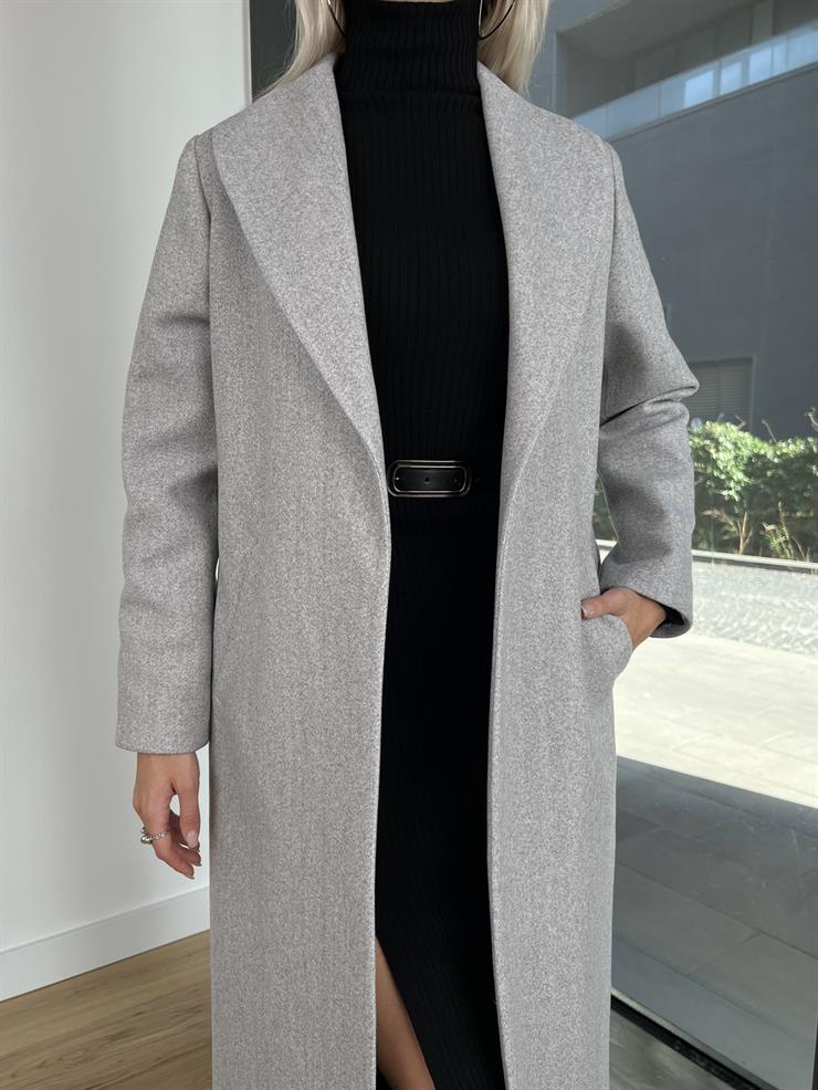 Belden Kuşaklı Yanları Cep Detaylı Stefan Kadın Gri Kaşe Kaban 23K000118