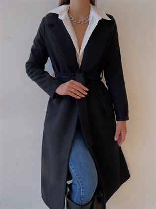 Belden Kuşaklı Yanları Cep Detaylı Stefan Kadın Siyah Kaşe Kaban 23K000118