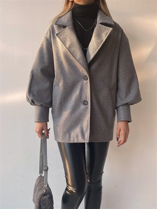 Kısa Balon Kol Çift Düğme Belen Kadın Gri Kaban 22K000201