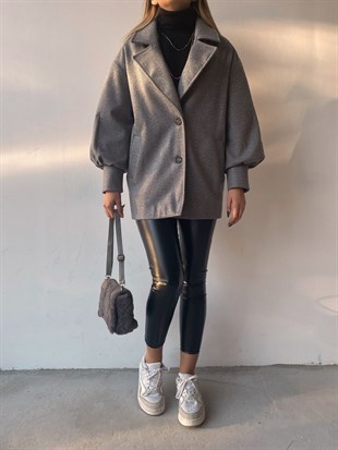 Kısa Balon Kol Çift Düğme Belen Kadın Gri Kaban 22K000201