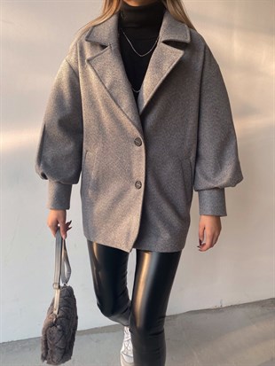 Kısa Balon Kol Çift Düğme Belen Kadın Gri Kaban 22K000201