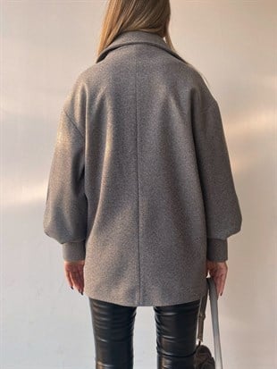 Kısa Balon Kol Çift Düğme Belen Kadın Gri Kaban 22K000201