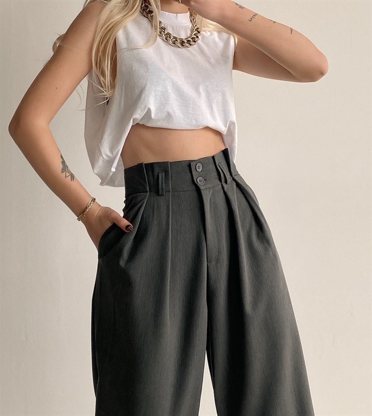 Beli Geniş Pileli Kadın Füme Palazzo Pantolon 21K000370