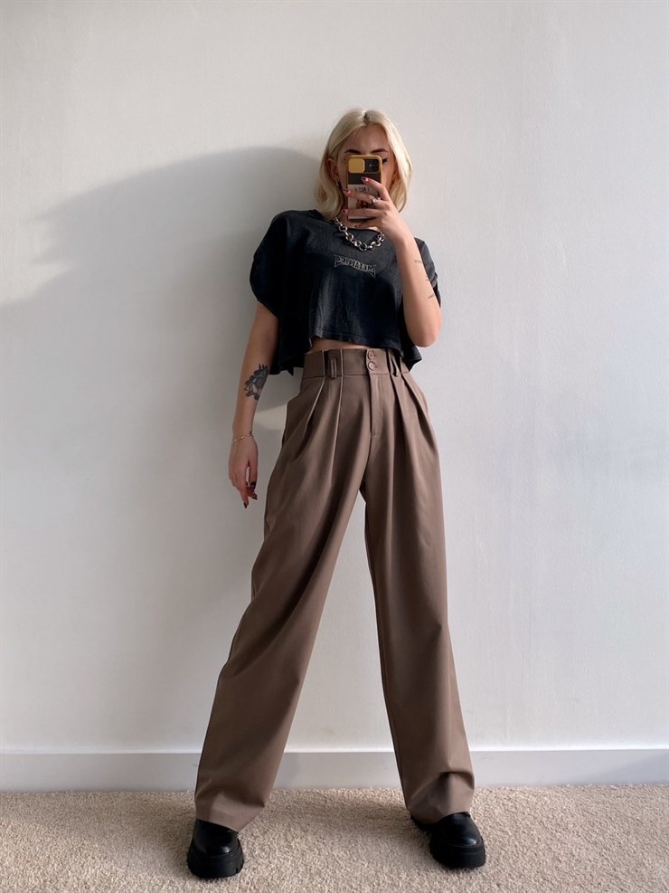 Beli Geniş Pileli Kadın Kahverengi Palazzo Pantolon 21K000370