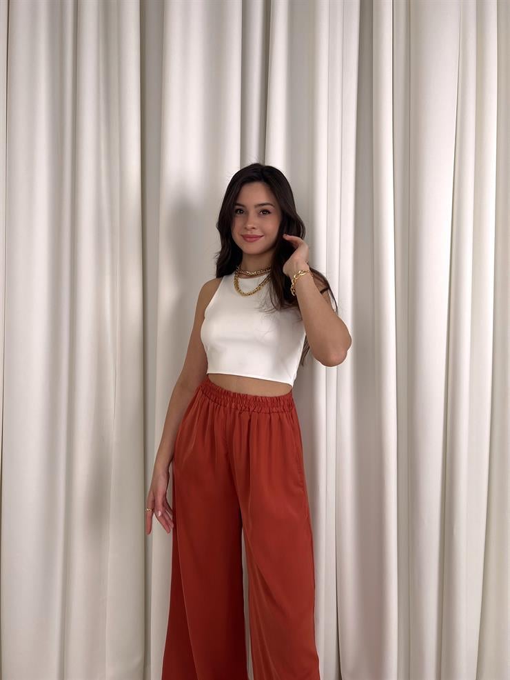 Beli Lastikli Bol Kesim Kadın Kiremit  Pantolon 23Y000085