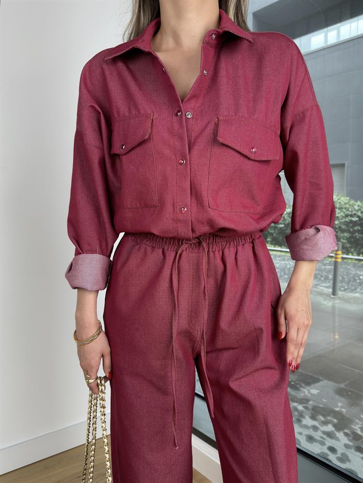 Beli Lastikli Ve Bağcıklı Bol Paça Veder Bordo Kadın Pantolon 25Y073