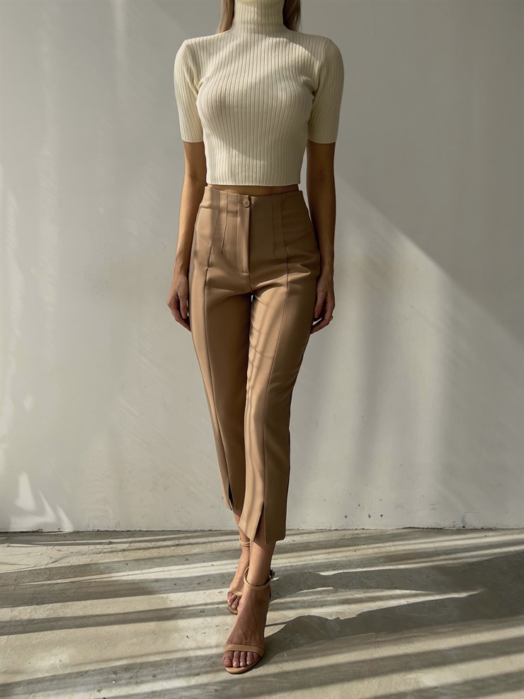 Beli Pensli Ön Paçası Yırtmaçlı Jemma Kadın Camel Pantolon 23K000046