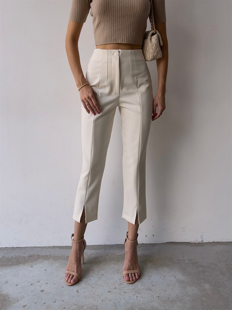 Beli Pensli Ön Paçası Yırtmaçlı Jemma Kadın Ekru Pantolon 23K000046