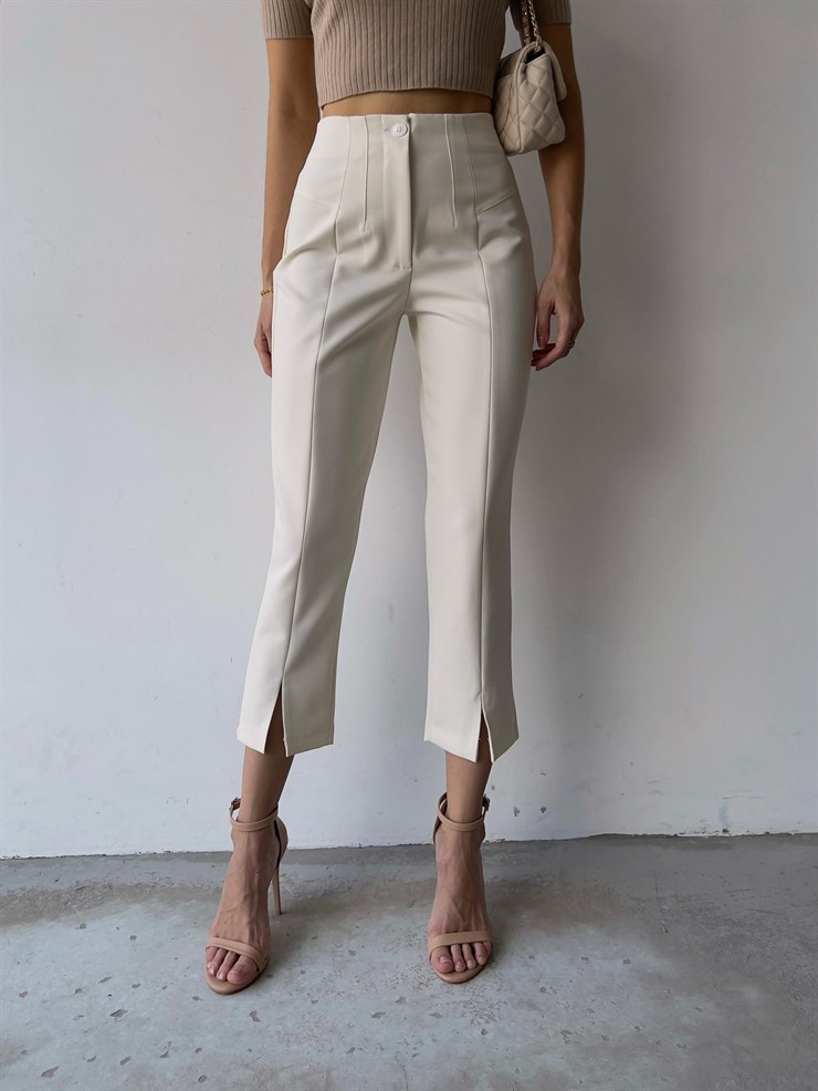 Beli Pensli Ön Paçası Yırtmaçlı Jemma Kadın Ekru Pantolon 23K000046