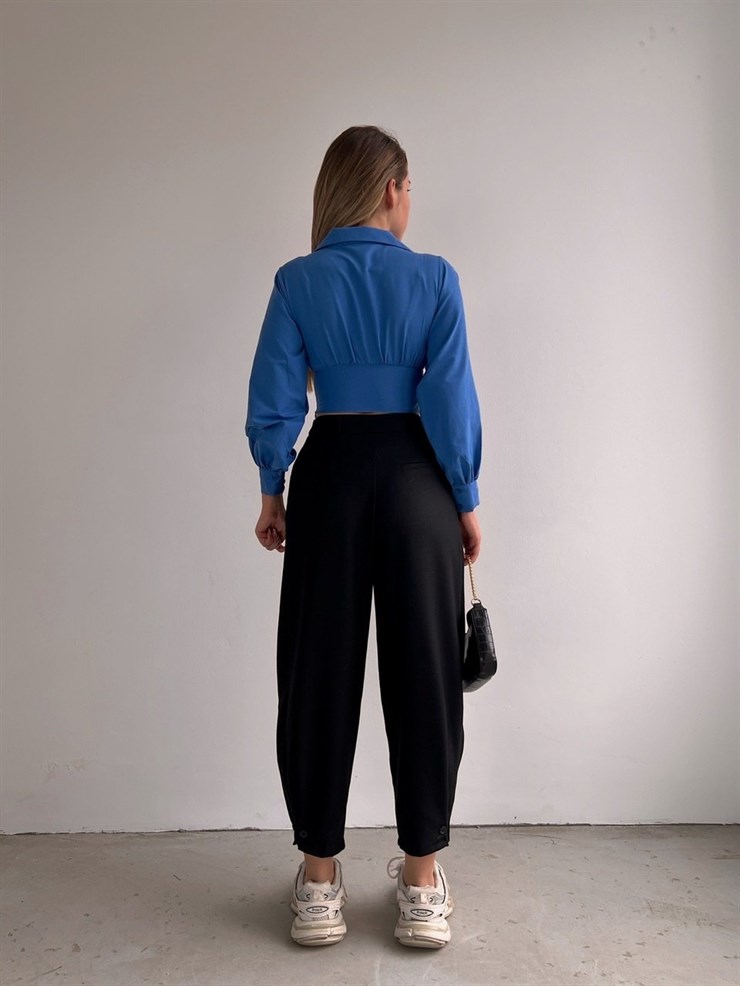 Beli Pileli Balon Düğmeli Paça Frida Kadın Siyah Pantolon 22K000462