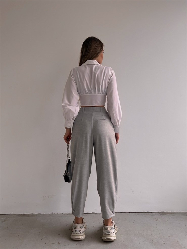 Beli Pileli Balon Düğmeli Paça Frida Kadın Gri Pantolon 22K000462