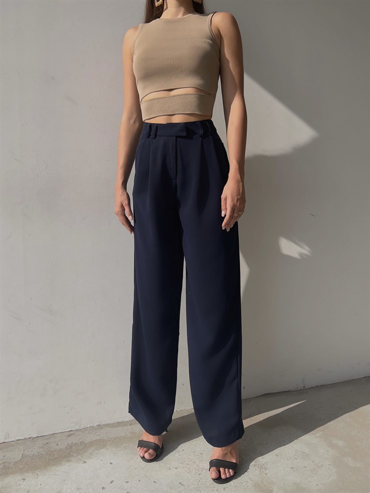 Beli Pileli Bol Paça Elijah Kadın Lacivert Pantolon 23K000130