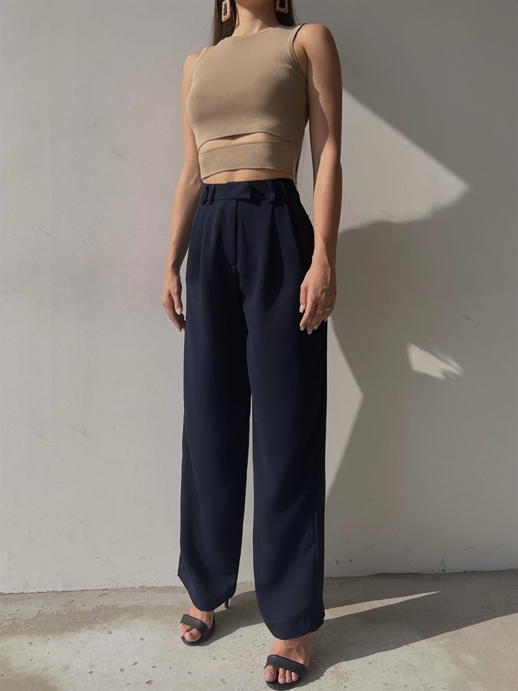 Beli Pileli Bol Paça Elijah Kadın Lacivert Pantolon 23K000130