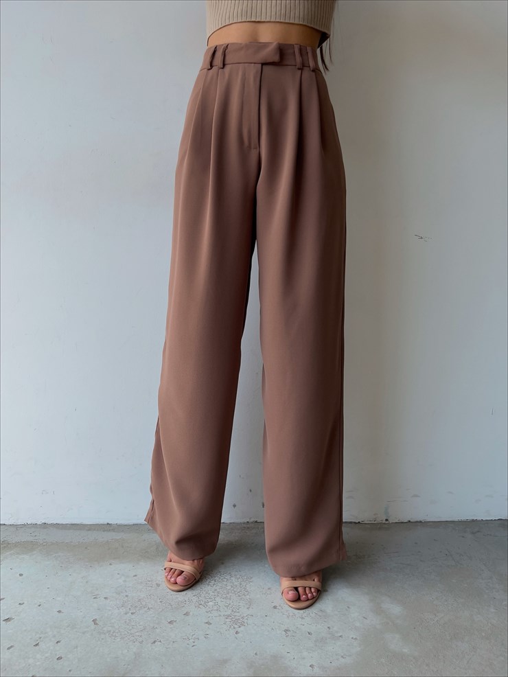 Beli Pileli Bol Paça Elijah Kadın Taba Pantolon 23K000130