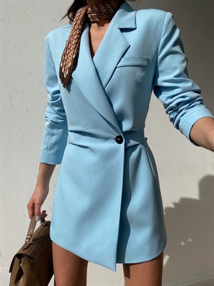 Blazer Beli Drapeli Kadın Mavi Ceket Elbise 21K000341
