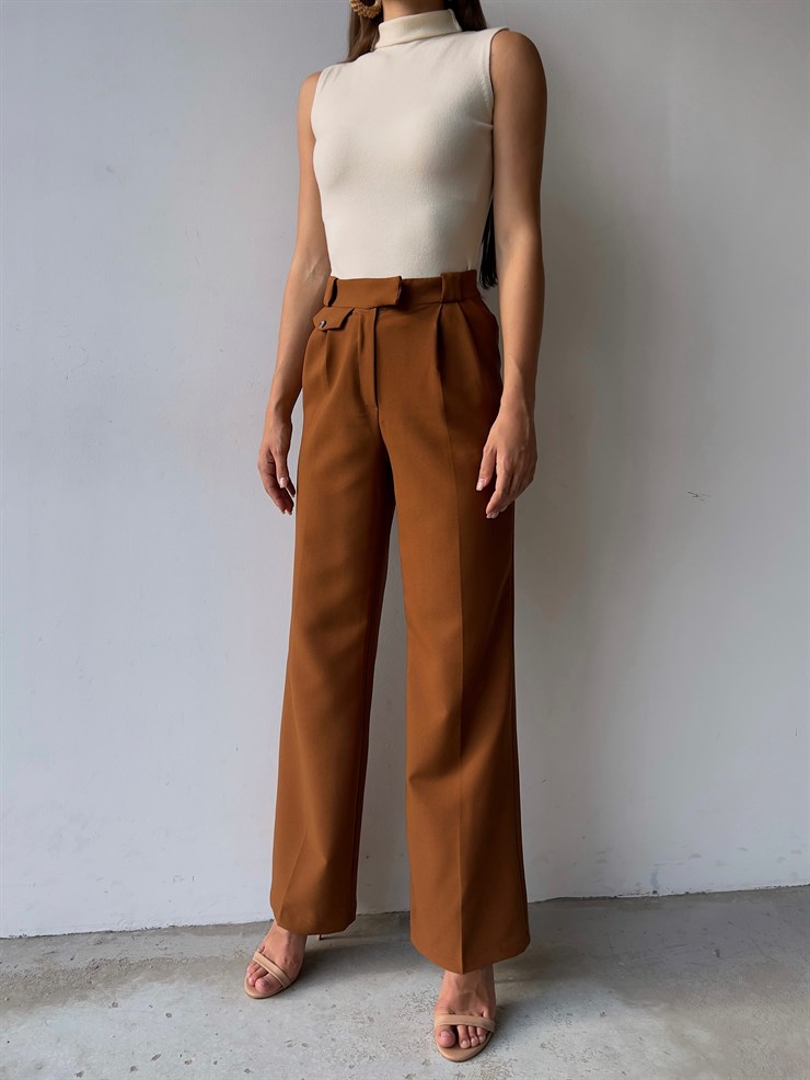 Beli Pileli Önü Cep Görünümlü Bol Paça Braddock Kadın Taba Pantolon 23K000129