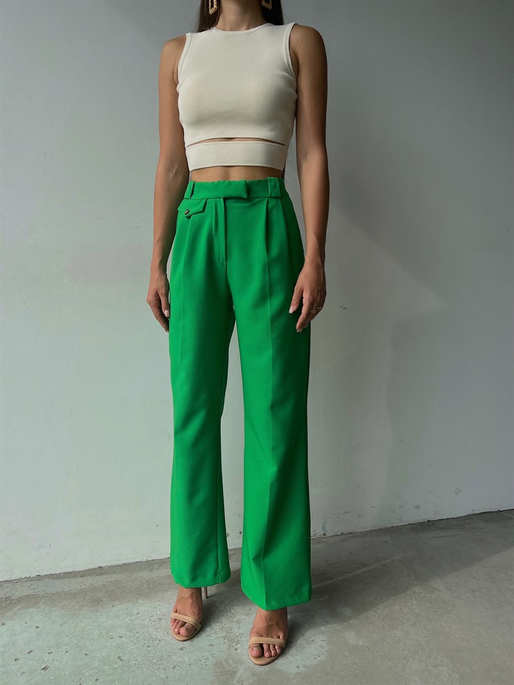 Beli Pileli Önü Cep Görünümlü Bol Paça Braddock Kadın Yeşil Pantolon 23K000129