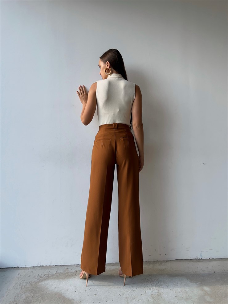 Beli Pileli Önü Cep Görünümlü Bol Paça Braddock Kadın Taba Pantolon 23K000129